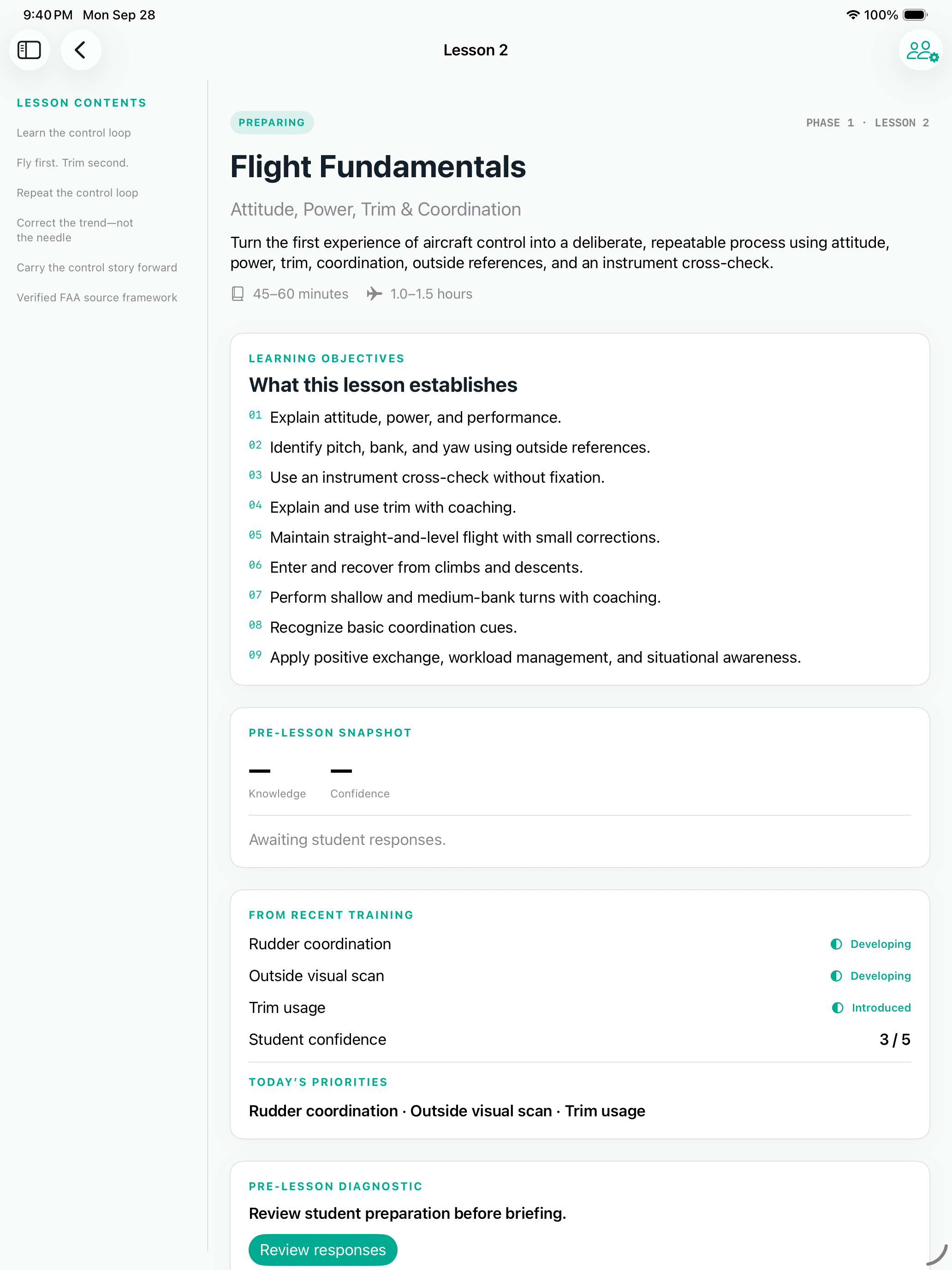 WAYPOINT instructor lesson workspace showing learning objectives, student preparation, and recent training