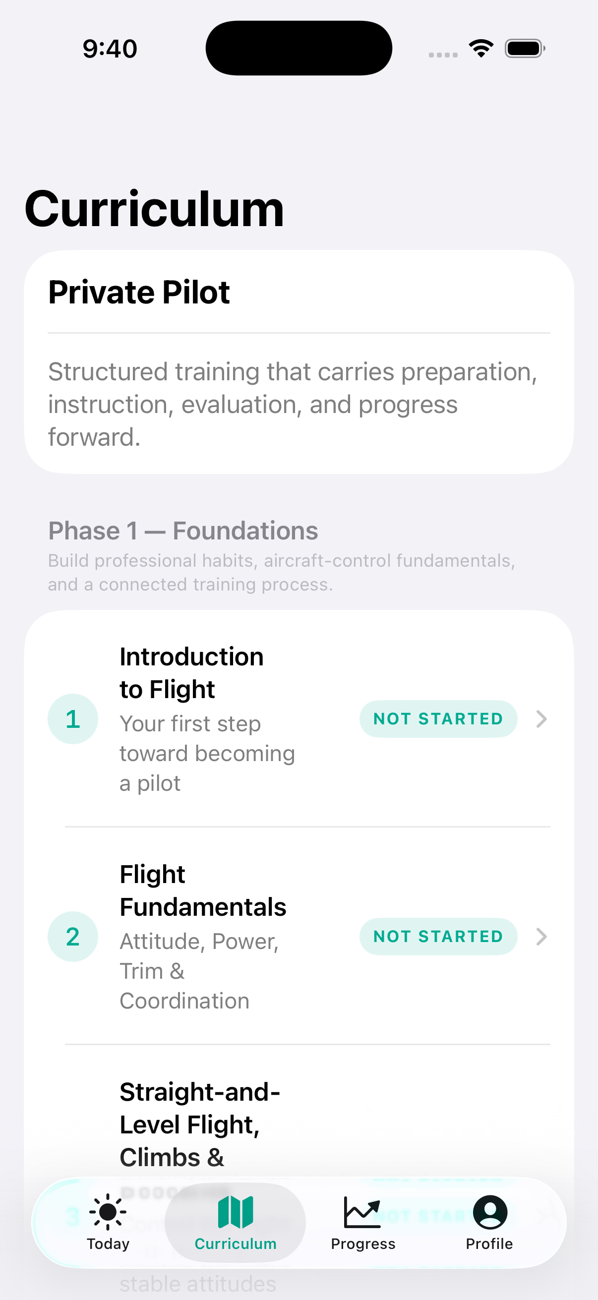 WAYPOINT Private Pilot curriculum showing training phases and lessons